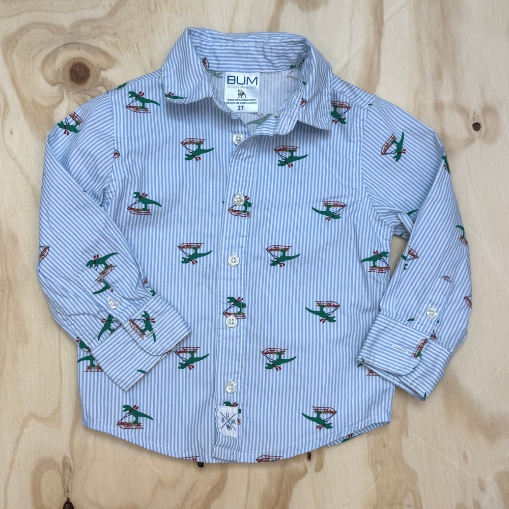 BUM Equipment Boys 2T Blue Striped Dinosaur Sledding Holiday Button Down Shirt